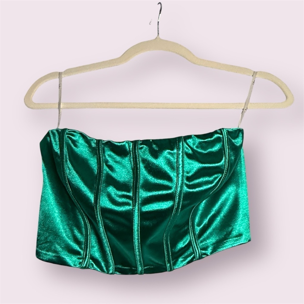 Lulus Green Satin Corset Strapless Crop Top Size Medium